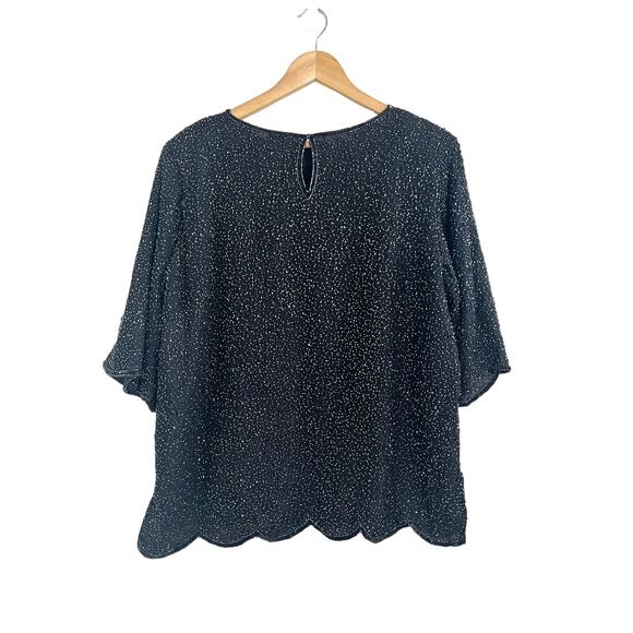 Women’s Formal Evening 100% Silk Black Beaded Short Sleeve Blouse Size Large - Picture 2 of 9